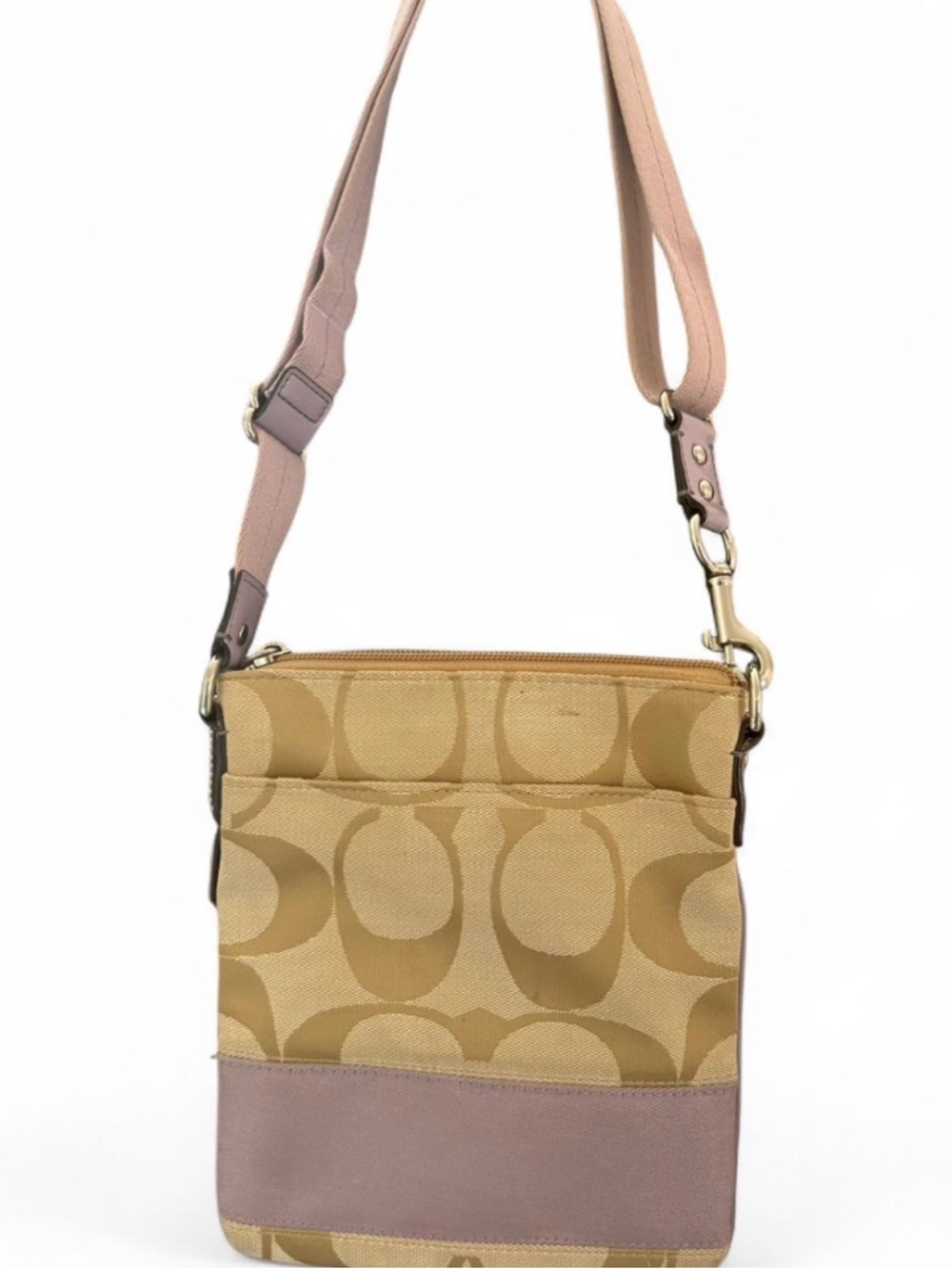 Coach Signature Canvas Crossbody Bag in Tan and light purple pink